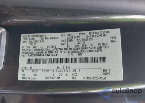 2018 Ford Escape Sel из США, поврежденный, VIN 1FMCU9HD4JUA14941